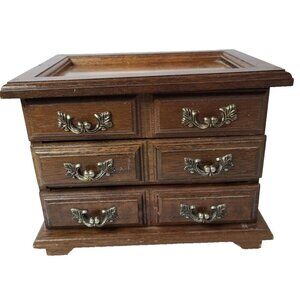 Vintage Wood Six Drawer Clear Glass Floral Lid Musical Jewelry Box Organizer
